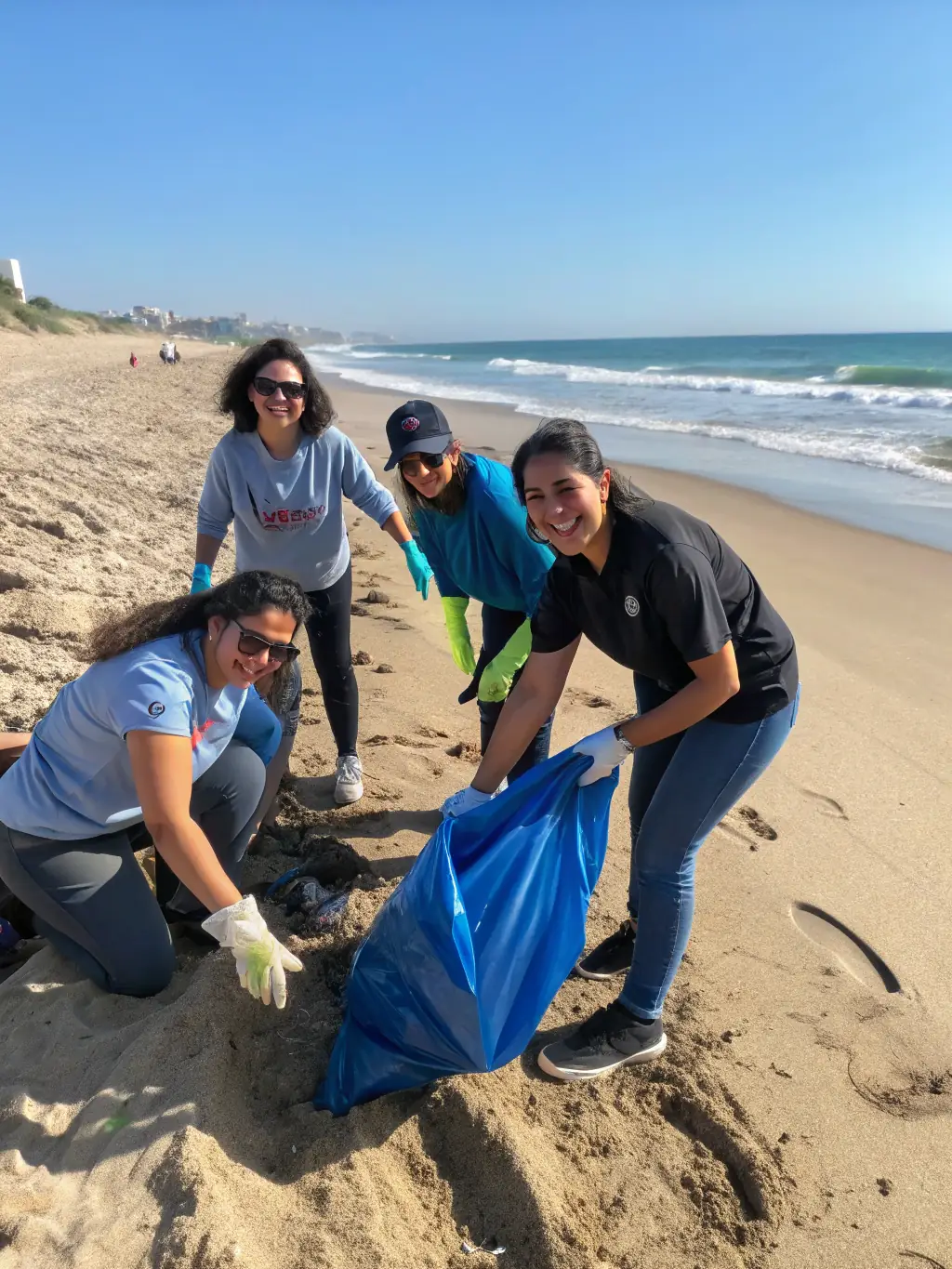 Volunteers cleaning up a beach, collecting plastic and other debris, emphasizing the organization's commitment to environmental protection.