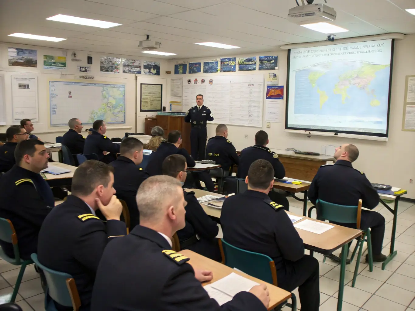 A classroom setting where experienced instructors are teaching navigation and maritime skills to a group of attentive students.