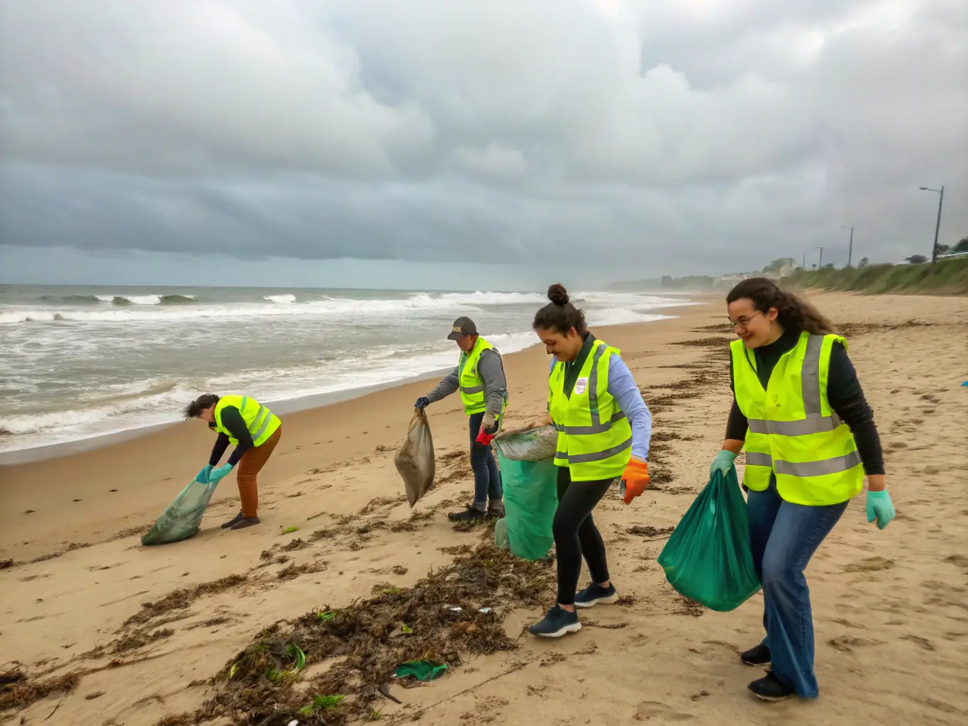 Volunteers participating in a coastal cleanup, collecting trash and debris from a sandy beach. The image highlights the importance of environmental conservation and community involvement.