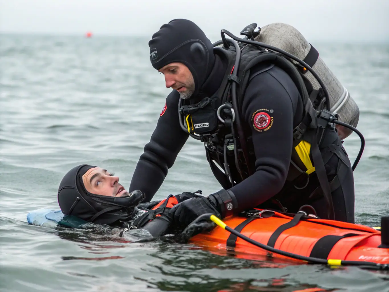 A photo of a rescue drill being conducted at sea, with participants practicing safety procedures and rescue techniques.