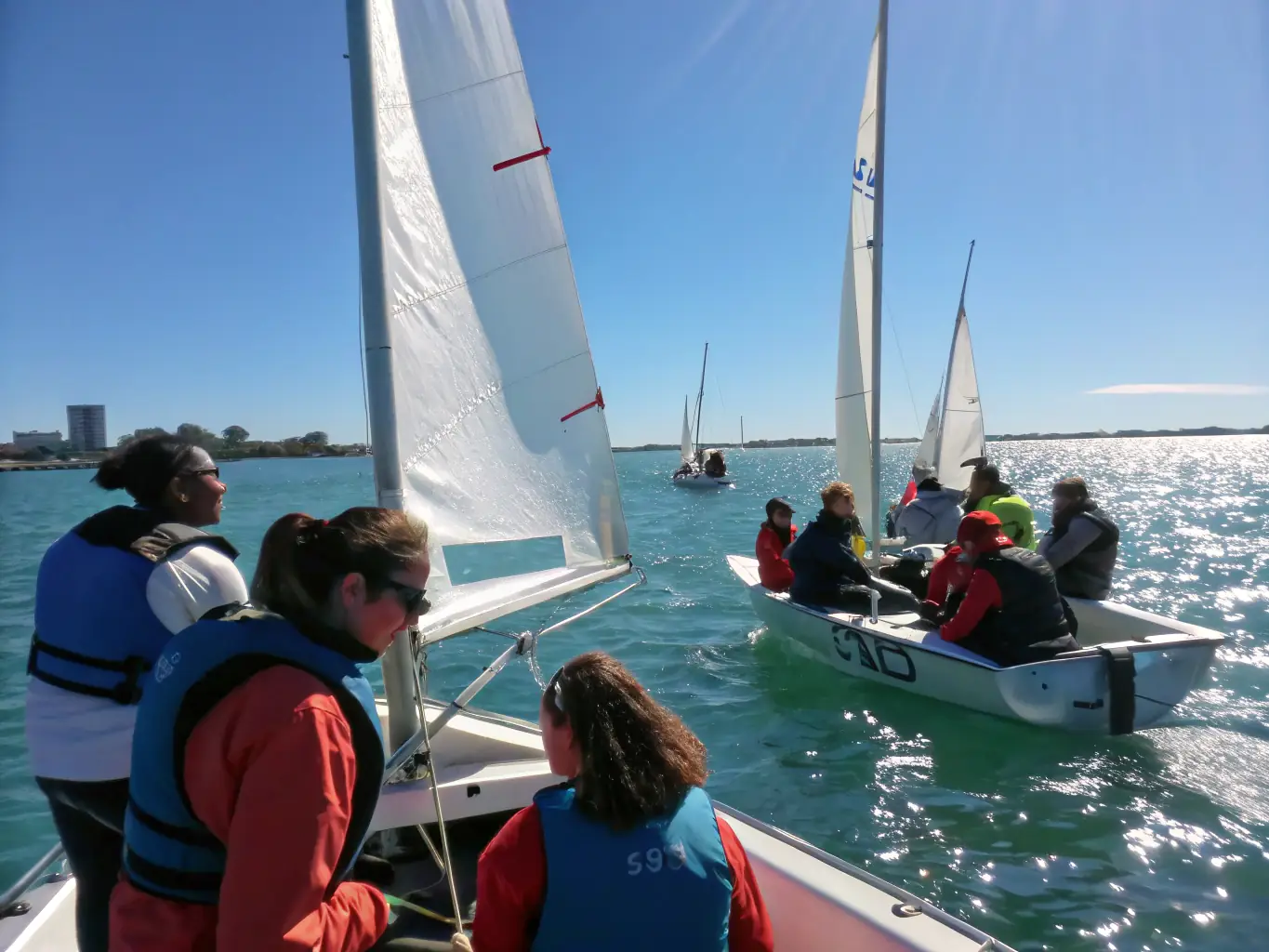A group of people participating in a sailing workshop on a sunny day, with sailboats in the background and an instructor demonstrating proper techniques.