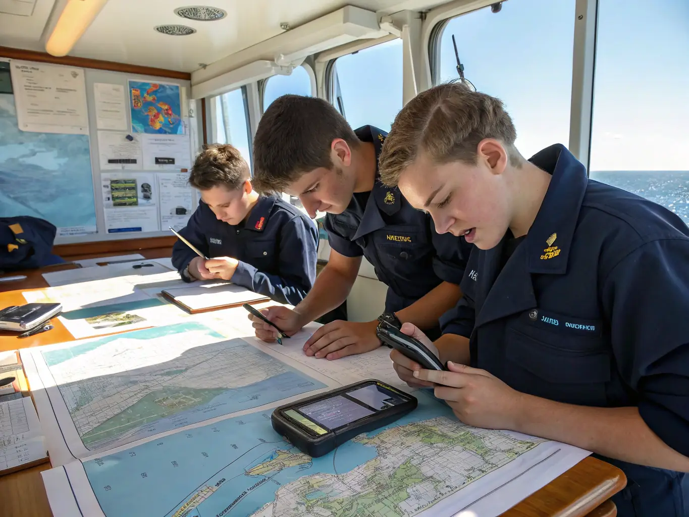 A group of adults participating in a navigation workshop, learning about charts, compasses, and electronic navigation tools. The setting is a classroom with nautical maps and equipment.