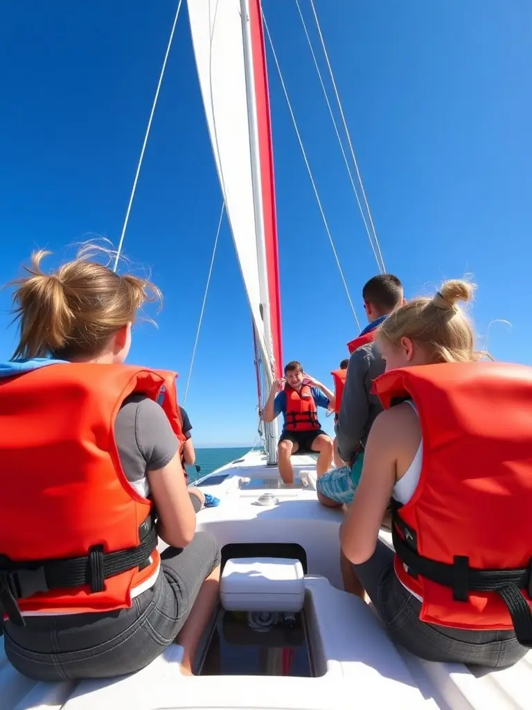 A group of children learning about boating safety, wearing life jackets and listening to an instructor, promoting responsible navigation from a young age.