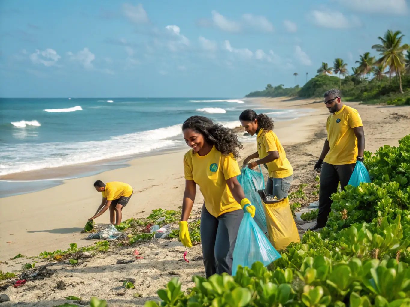 A picture of a group of volunteers cleaning up a beach, collecting trash and debris to protect the marine environment.