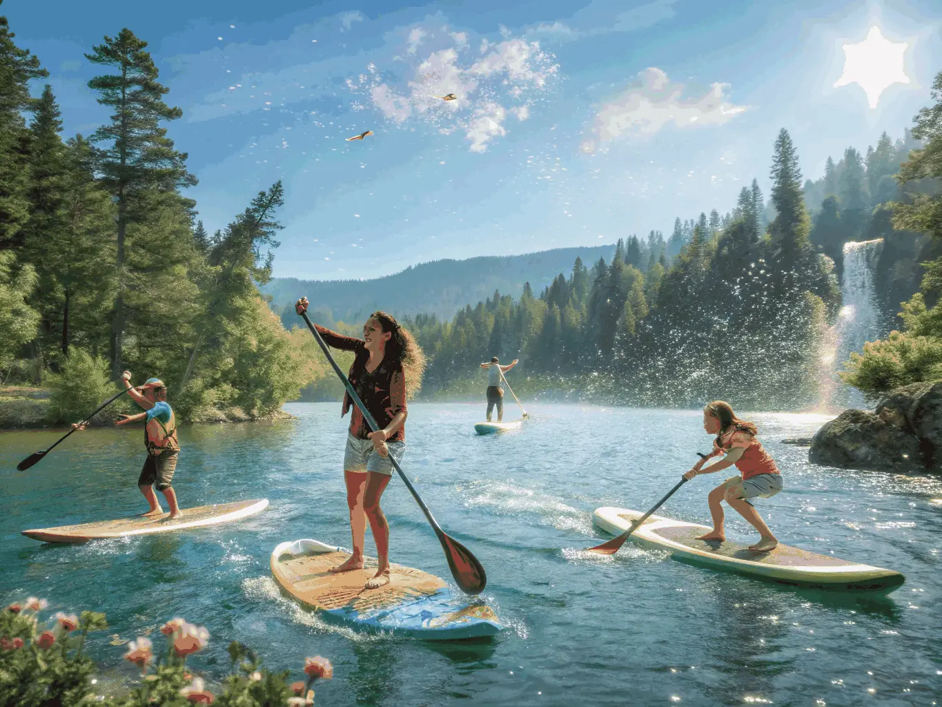 A vibrant scene of a community boating event, with families enjoying various water activities and races under a sunny sky.