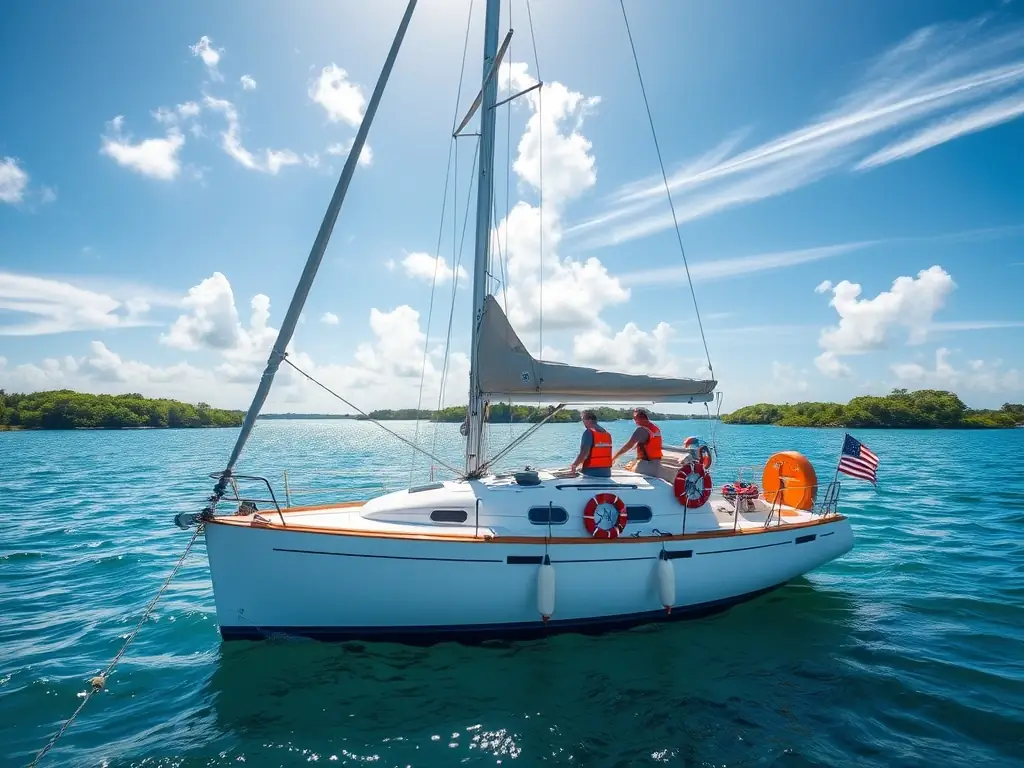 A group of children learning to sail on small sailboats in a calm bay, with instructors nearby providing guidance. The scene is sunny and cheerful, emphasizing the joy of learning and teamwork.